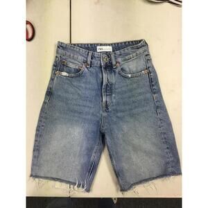 [298] Zara Shorts Womens 2 Blue Denim Jean Bermuda High Rise Raw Hem Casual Sum